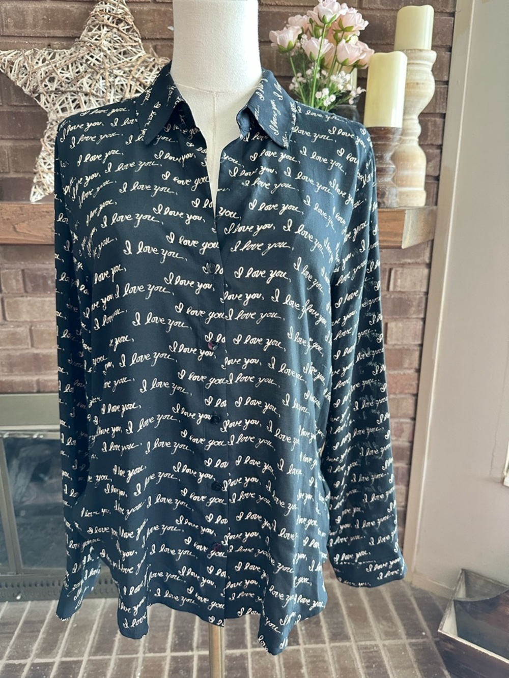 L'AGENCE Dani "I Love You" Script Silk-Look Button Down Blouse L Romantic Chic
